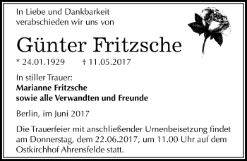 Traueranzeige von Günter Fritzsche von Mitteldeutsche Zeitung Halle/Saalkreis