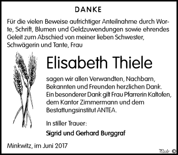 Traueranzeige von Elisabeth Thiele von Mitteldeutsche Zeitung Zeitz