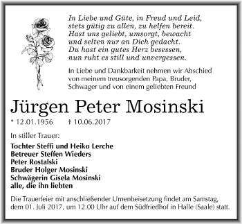 Traueranzeige von Jürgen Peter Mosinski von Mitteldeutsche Zeitung Merseburg/Querfurt