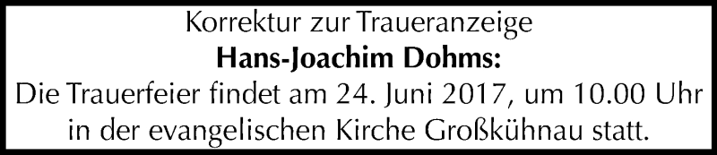  Traueranzeige für Hans-Joachim Dohms vom 16.06.2017 aus Mitteldeutsche Zeitung Dessau-Roßlau