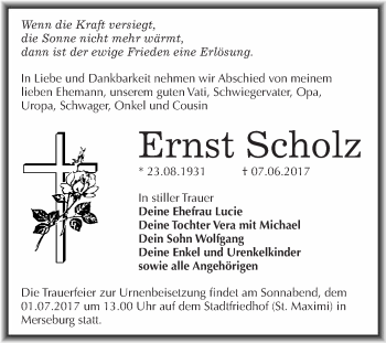 Traueranzeige von Ernst Scholz von WVG - Wochenspiegel Merseburg