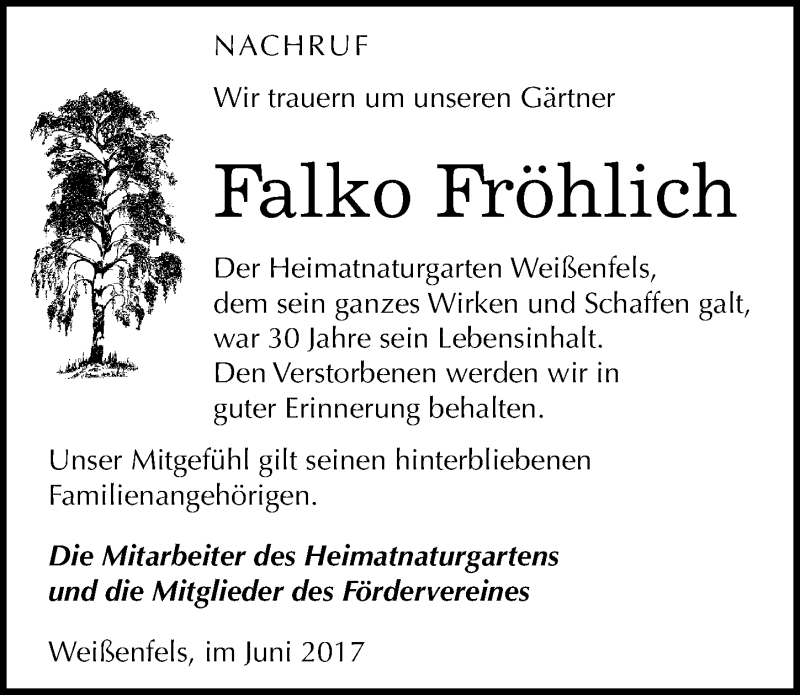  Traueranzeige für Falko Fröhlich vom 14.06.2017 aus Mitteldeutsche Zeitung Weißenfels
