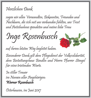 Traueranzeige von Inge Rosenbusch von Mitteldeutsche Zeitung Mansfelder Land