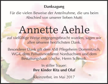 Traueranzeige von Annette Aehle von WVG - Wochenspiegel Wittenberg