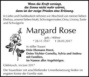 Traueranzeige von Margard Rose von Mitteldeutsche Zeitung Bitterfeld