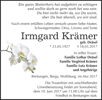 Traueranzeige von Irmgard Krämer von Mitteldeutsche Zeitung Sangerhausen