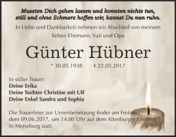 Traueranzeige von Günter Hübner von WVG - Wochenspiegel Merseburg
