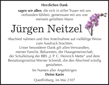 Traueranzeige von Jürgen Neitzel von WVG - Wochenspiegel Quedlinburg