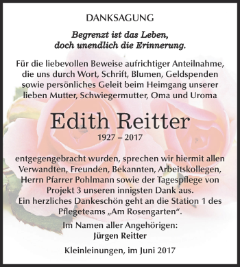 Traueranzeige von Edith Reitter von Super Sonntag SGH Mansf. Land