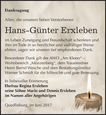 Traueranzeige von Hans-Günter Erxleben von Mitteldeutsche Zeitung Quedlinburg