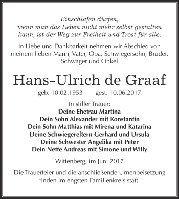 Traueranzeige von Hans-Ulrich de Graaf von WVG - Wochenspiegel Wittenberg