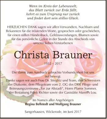 Traueranzeige von Christa Brauner von Super Sonntag SGH Mansf. Land