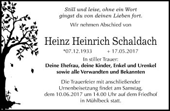 Traueranzeige von Heinz Heinrich Schaldach von Mitteldeutsche Zeitung Bitterfeld
