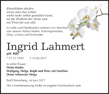 Traueranzeige von Ingrid Lahmert von Mitteldeutsche Zeitung Merseburg/Querfurt