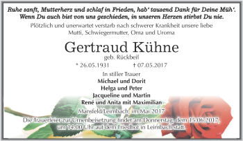 Traueranzeige von Gertraud Kühne von Wochenspiegel Mansfelder Land