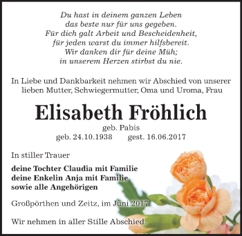 Traueranzeige von Elisabeth Fröhlich von Mitteldeutsche Zeitung Zeitz