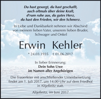 Traueranzeige von Erwin Kehler von Mitteldeutsche Zeitung Bitterfeld