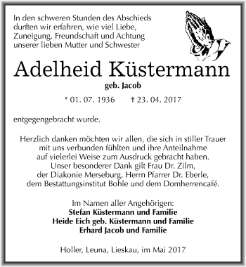 Traueranzeige von Adelheid Küstermann von Mitteldeutsche Zeitung Merseburg/Querfurt