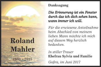 Traueranzeige von Roland Mahler von Super Sonntag Zeitz