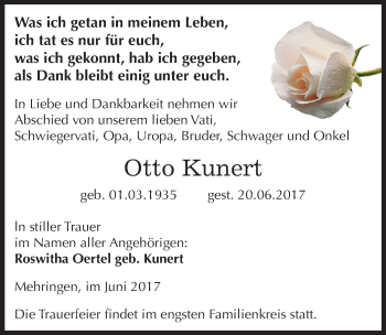 Traueranzeige von Otto Kunert von Mitteldeutsche Zeitung Aschersleben