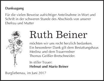 Traueranzeige von Ruth Beiner von Super Sonntag Merseburg