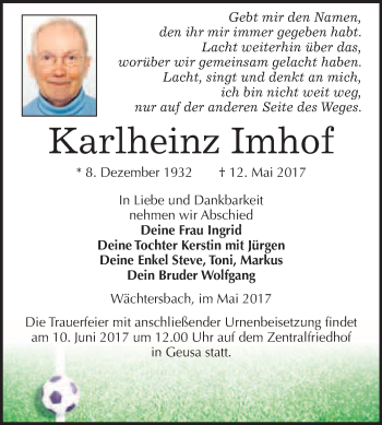 Traueranzeige von Karlheinz Imhof von WVG - Wochenspiegel Merseburg