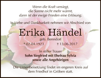 Traueranzeige von Erika Händel von WVG - Wochenspiegel NMB / WSF / ZTZ