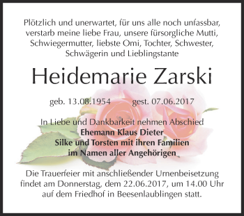 Traueranzeige von Heidemarie Zarski von Super Sonntag Bernburg