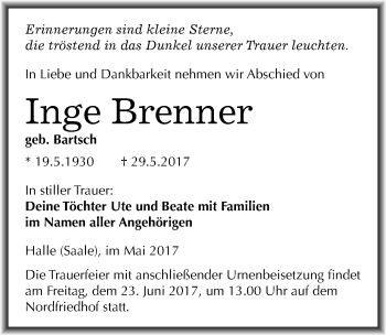 Traueranzeige von Inge Brenner von Mitteldeutsche Zeitung Halle/Saalkreis