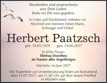 Traueranzeige von Herbert Paatzsch von WVG - Wochenspiegel Merseburg