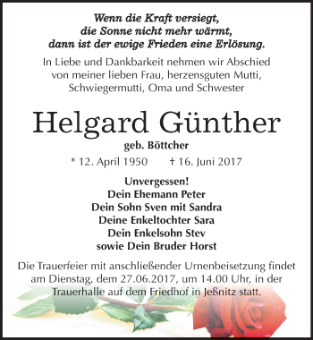 Traueranzeige von Helgard Günther von Mitteldeutsche Zeitung Bitterfeld