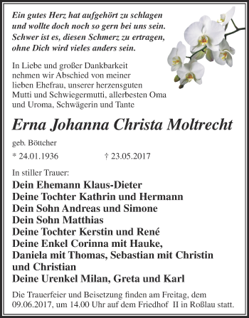 Traueranzeige von Erna Johanna Christa Moltrecht von WVG - Wochenspiegel Dessau / Köthen
