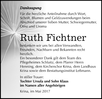Traueranzeige von Ruth Fichtner von Mitteldeutsche Zeitung Bitterfeld