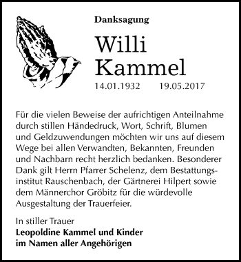 Traueranzeige von Willi Kammel von Mitteldeutsche Zeitung Weißenfels