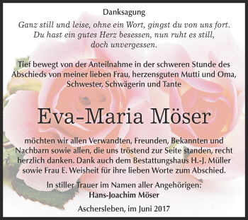 Traueranzeige von Eva-Maria Möser von Super Sonntag Aschersleben