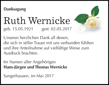 Traueranzeige von Ruth Wernicke von Super Sonntag SGH Mansf. Land