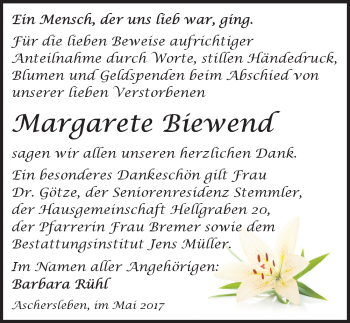 Traueranzeige von Margarete Biewend von Mitteldeutsche Zeitung Aschersleben