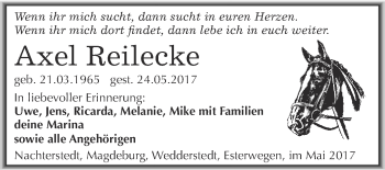 Traueranzeige von Axel Reilecke von WVG - Wochenspiegel Aschersleben