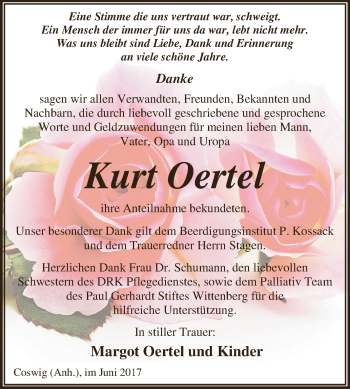 Traueranzeige von Kurt Oertel von WVG - Wochenspiegel Dessau / Köthen