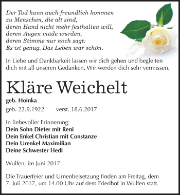 Traueranzeige von Kläre Weichelt von Mitteldeutsche Zeitung Köthen