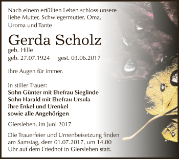 Traueranzeige von Gerda Scholz von Super Sonntag Aschersleben