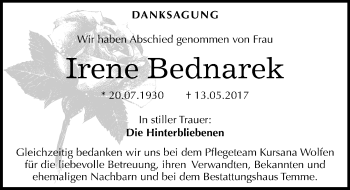 Traueranzeige von Irene Bednarek von Mitteldeutsche Zeitung Bitterfeld