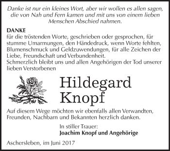 Traueranzeige von Hildegard Knopf von Super Sonntag Aschersleben
