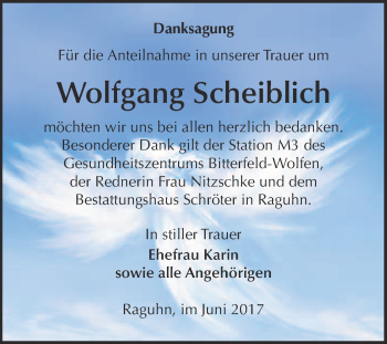 Traueranzeige von Wolfgang Scheiblich von WVG - Wochenspiegel Bitterfeld
