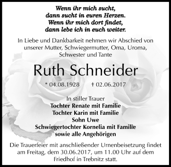 Traueranzeige von Ruth Schneider von Mitteldeutsche Zeitung Bernburg