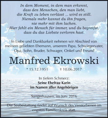 Traueranzeige von Manfred Ekrowski von Mitteldeutsche Zeitung Sangerhausen