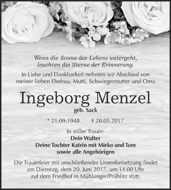 Traueranzeige von Ingeborg Menzel von WVG - Wochenspiegel Wittenberg
