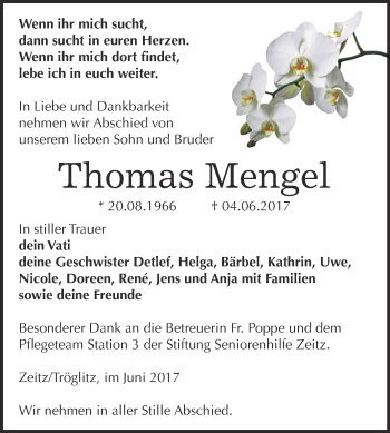 Traueranzeige von Thomas Mengel von Super Sonntag Zeitz