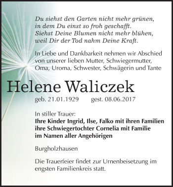 Traueranzeige von Helene Waliczek von Mitteldeutsche Zeitung Naumburg/Nebra