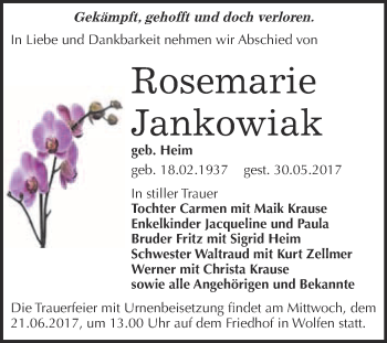Traueranzeige von Rosemarie Jankowiak von WVG - Wochenspiegel Bitterfeld